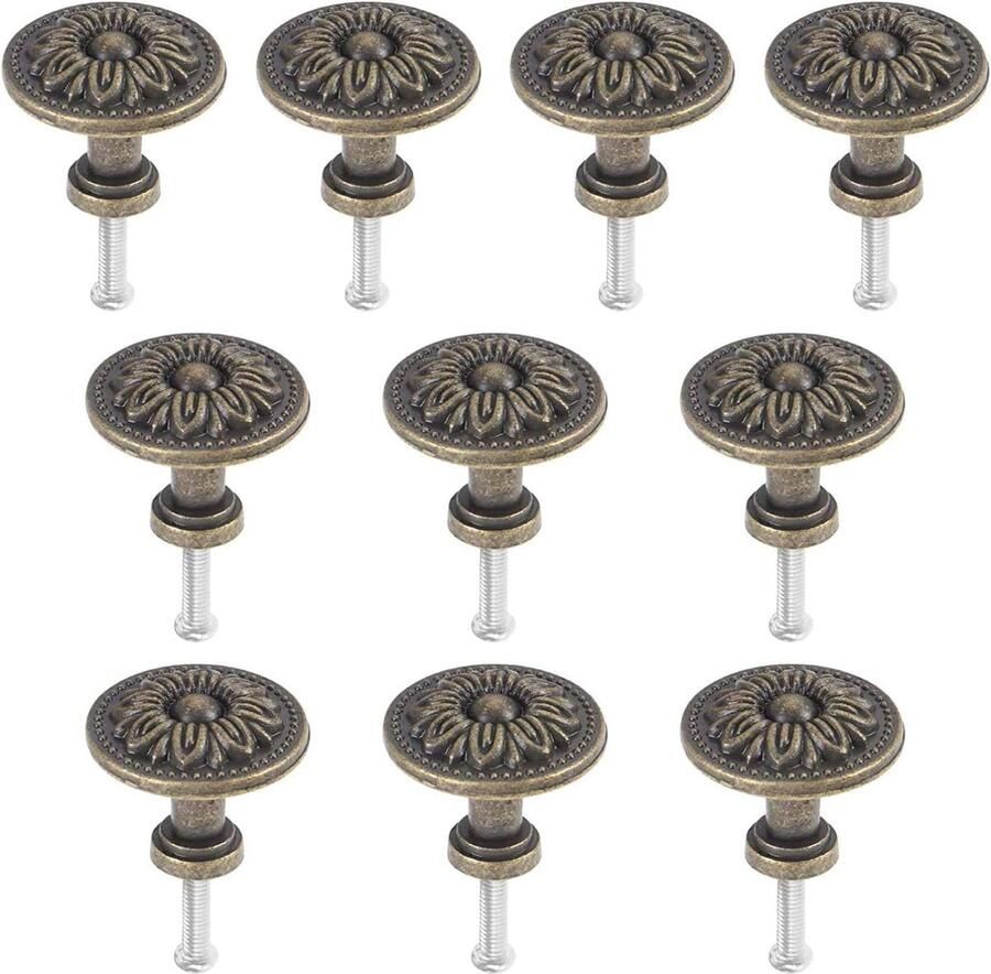 Allecto plus 10 stuks Vintage Bronzen Kast Knoppen met Bloem Patroon 31mm Keukenkast Laden Trek Handgrepen