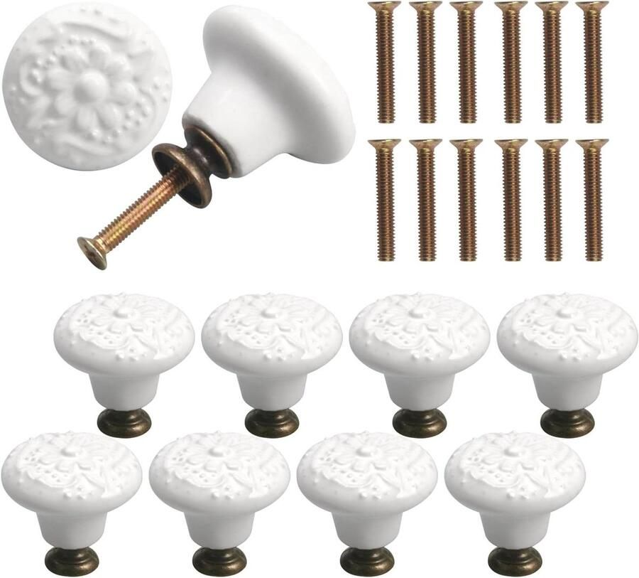 Allecto Plus 10 stuks Witte Ladeknoppen 34mm Vintage Keramische Knoppen Meubelknoppen voor Kasten Ladekasten Creme Wit Keramiek