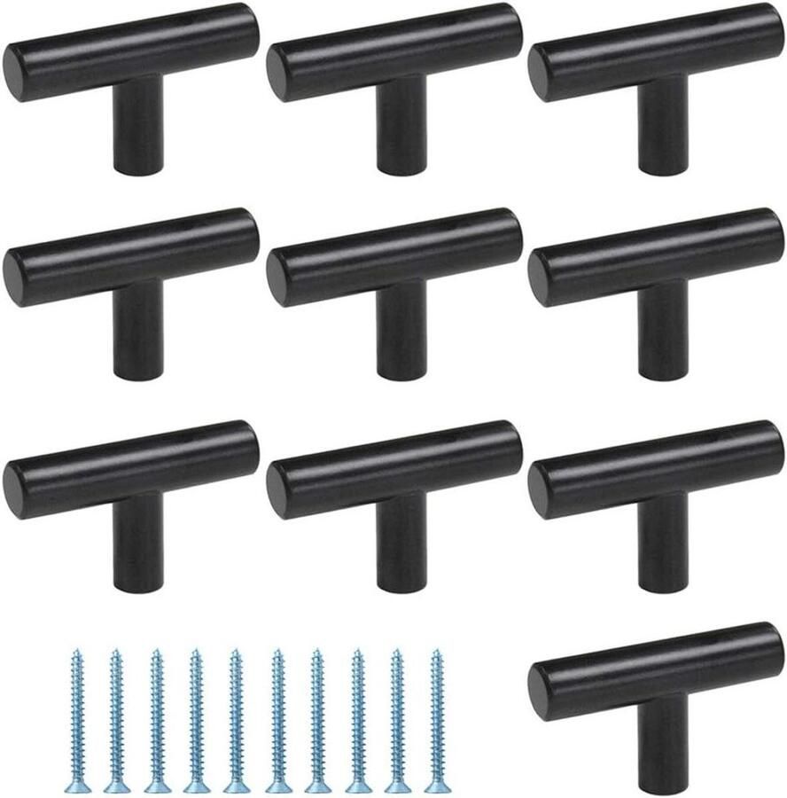 Allecto Plus 10 stuks zwarte deurgrepen meubelgrepen voor keuken en badkamer T-grepen inclusief schroeven kasten schoenen Metallische afwerking