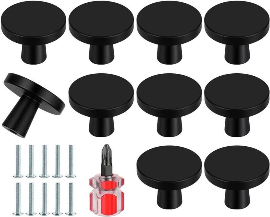 Allecto Plus 10 zwarte kastknoppen 30 mm Ronde ladeknoppen voor dressoir Met schroeven Keukenkasten & badkamerdecoratie