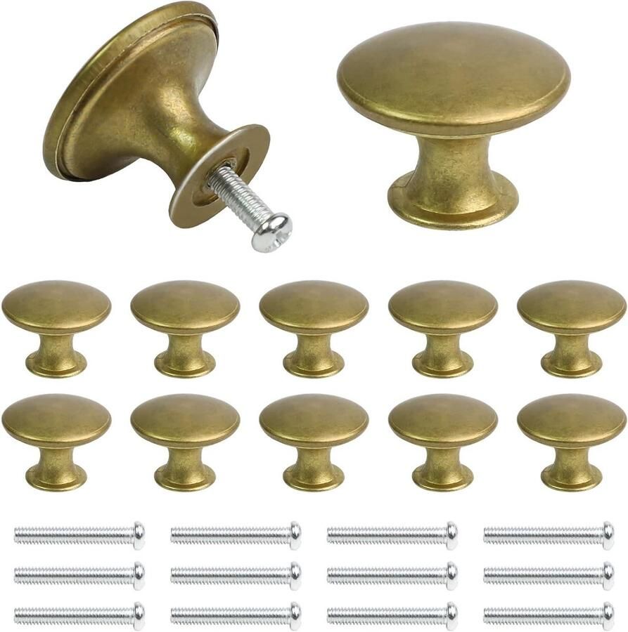 Allecto Plus 12 stuks gouden vintage meubelknoppen voor kast met schroeven Ronde keukenkastknoppen 3 x 21 cm Zinklegering en ijzer Keukenkastknoppen Decoratieve knoppen