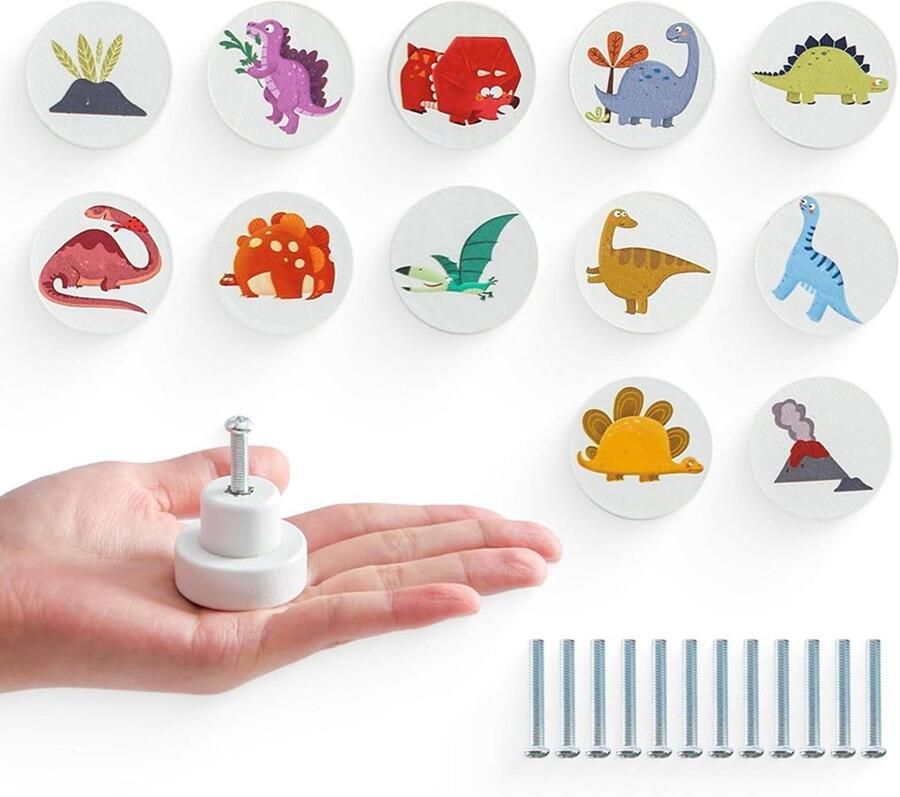 Allecto Plus 12 stuks houten meubelknoppen kastknoppen voor kinderkamer dinosauruspatroon ladegrepen gemakkelijk te reinigen decoratie accessoires