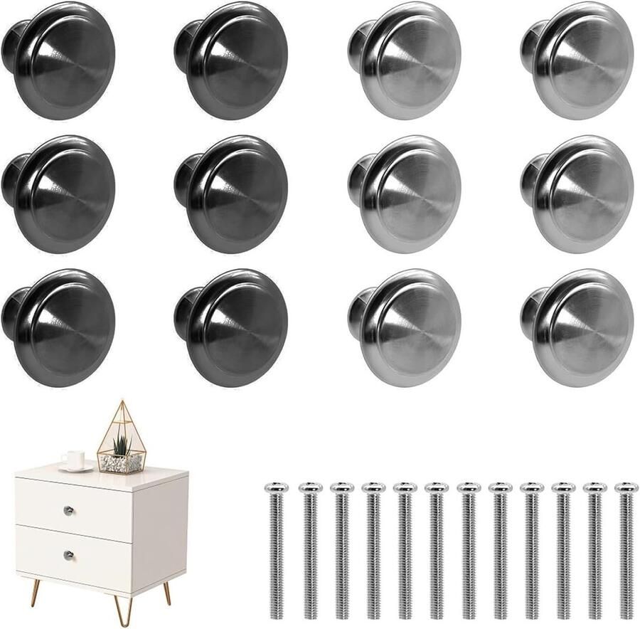 Allecto Plus 12 stuks kastdeurknoppen 27 mm roestvrijstalen kastknoppen met schroeven voor keukenkasten Zwart en zilver