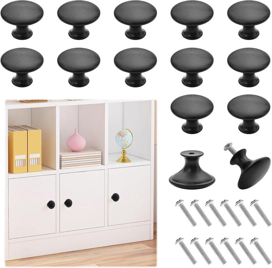 Allecto Plus 12 stuks kastknoppen mat zwart voor ladeknopen keukenkasten badkamer 30 mm