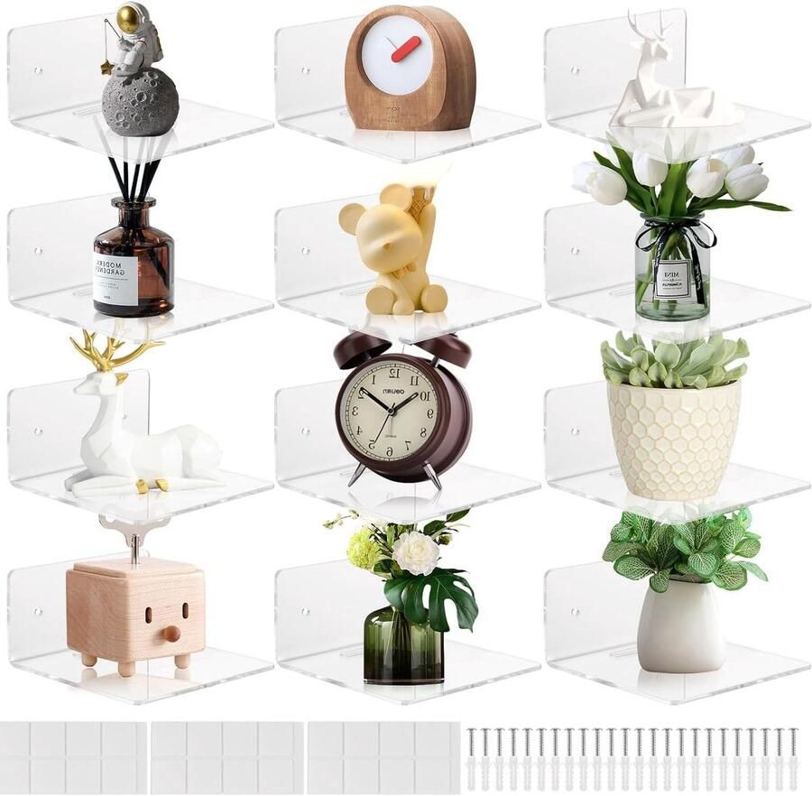 Allecto Plus 12 stuks kleine muurplanken 10 cm mini-rek zonder boren transparant draadgat acryl muurmontage bewakingscamera's luidsprekers