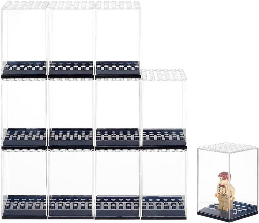 Allecto Plus 12 stuks Minifiguren Vitrinekast Stapelbaar Modelvitrine 4 7 x 4 7 x 7 6 cm Acryl met Basis Opberggeschenk