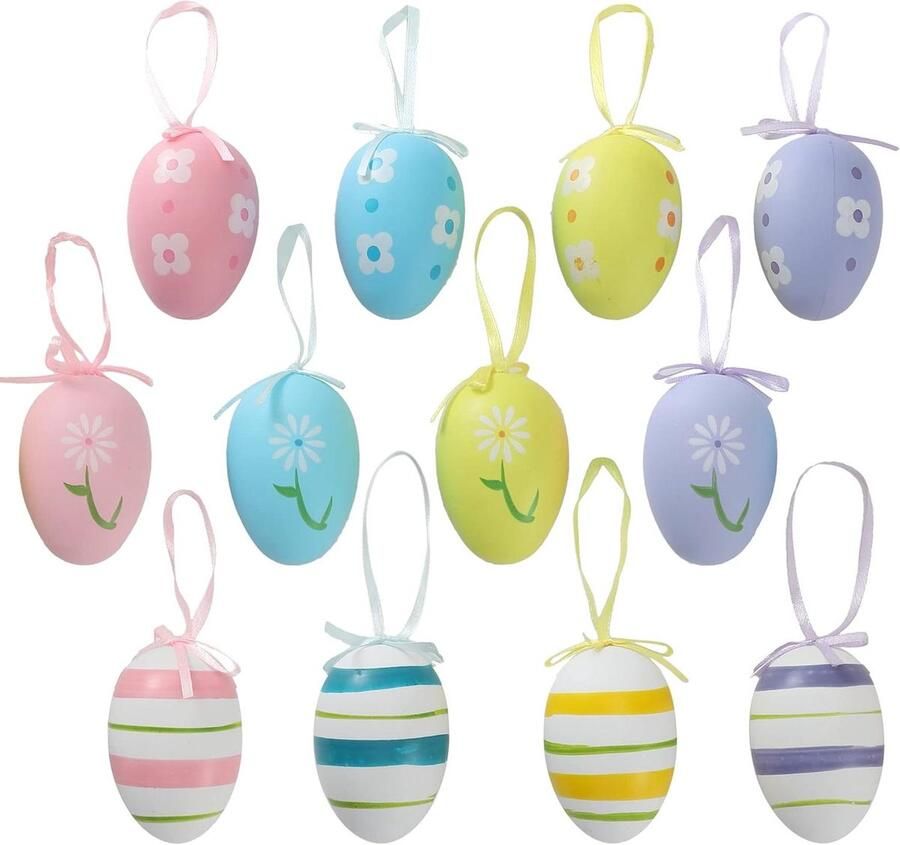 Allecto plus 12 stuks plastic hangende eieren voor Pasen en meer Decoraties voor thuis Versier een paasboom mand en tafel Kleine ambachtelijke ornamenten voor een feestelijke sfeer