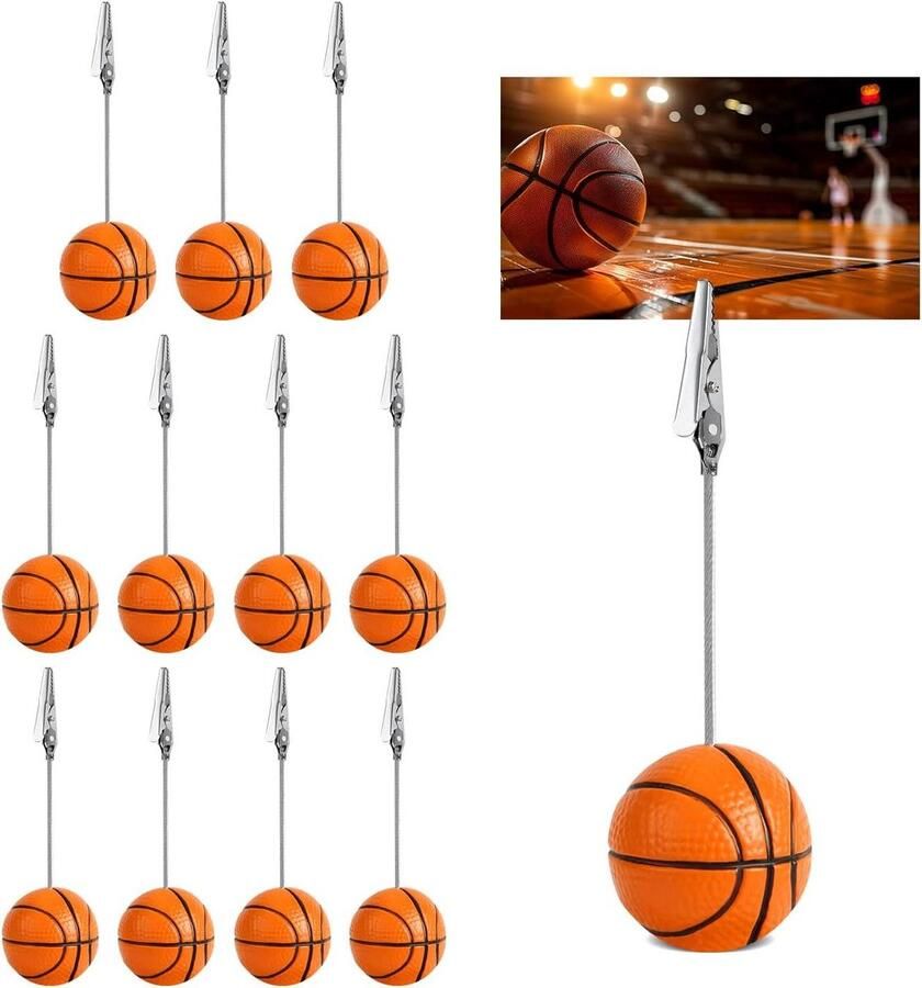Allecto Plus 12 stuks Resin Memo Clips met Balvoet Tafelkaarthouders met Krokodilklemmen Tafel Memo Houder Plaatskaarthouder Tafelnummerkaarthouders voor Sport Bruiloft Kantoordecoratie (Basketbal)