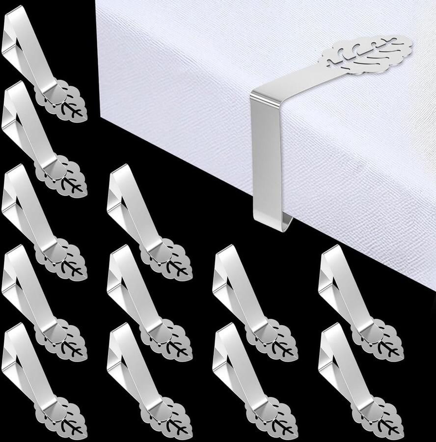 Allecto Plus 12 stuks roestvrijstalen tafelkleedklemmen voor buiten geschikt voor dikke tafels picknick tuinfeest en restaurant bladeren motief