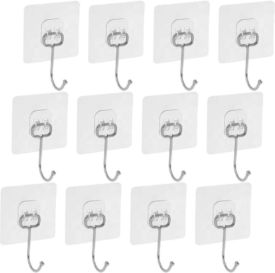 Allecto Plus Set van 12 transparante waterdichte wandgarderobe kleefhaken voor mantels sjaals handdoeken tassen sleutels 70 mm Ideaal voor badkamer keuken en kantoor