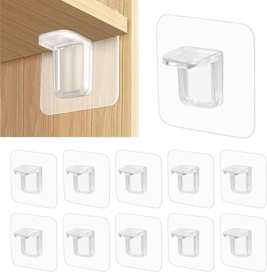 Allecto Plus 12 stuks zelfklevende inlegplankhouders voor kledingkasten Transparant Zonder boren Plankdragers