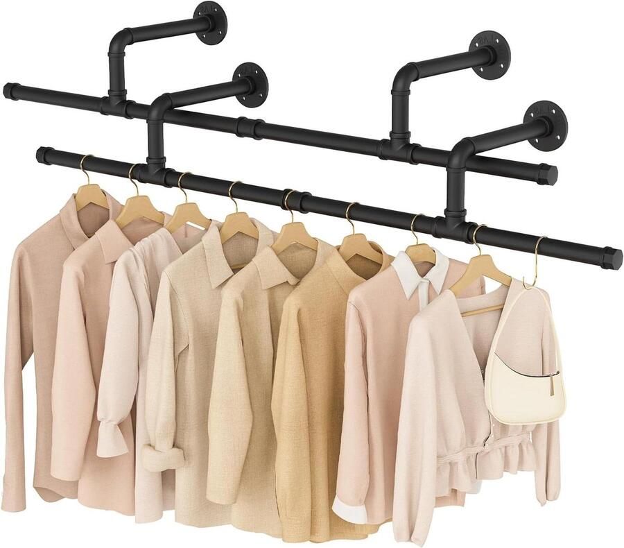 Allecto plus 121cm Industriële Wand Kledingrek voor Rustieke Opslag in Zwart Ruimtebesparend Keuken Plank Kleine Kamers (2-Pack)