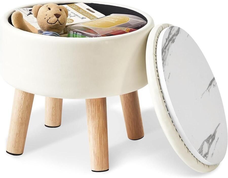 Allecto Plus 13 inch voetenbank opslag gewatteerde zitting houten poten kunstleren poef beige WBD023W