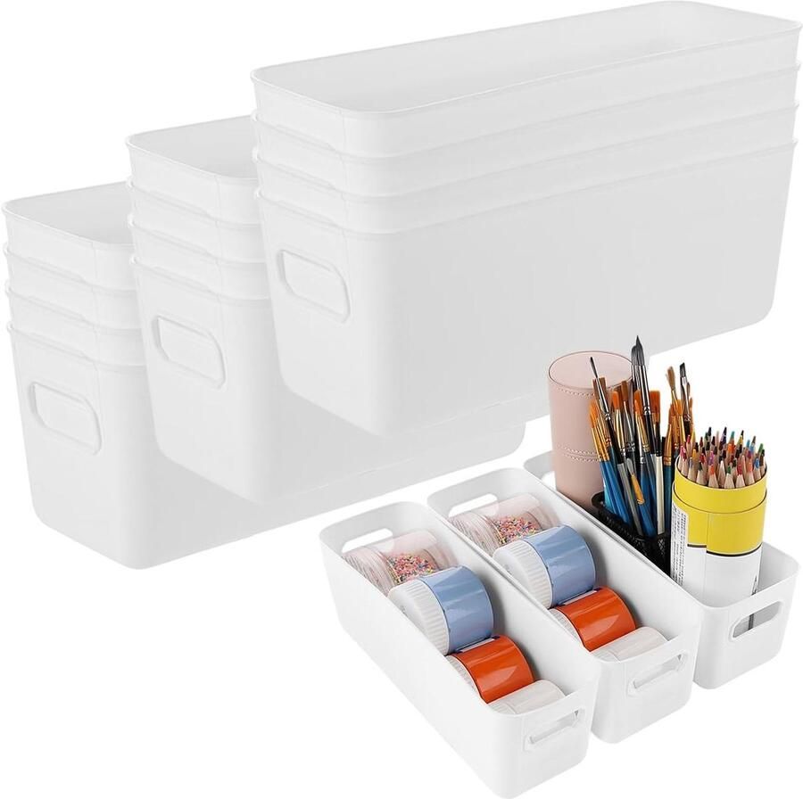 Allecto Plus 15-delige kleine plastic opbergmanden wit met handvatten opbergdozen badkamerkrat opbergruimte voor keuken & badkamer 27 x 9 5 x 9 cm