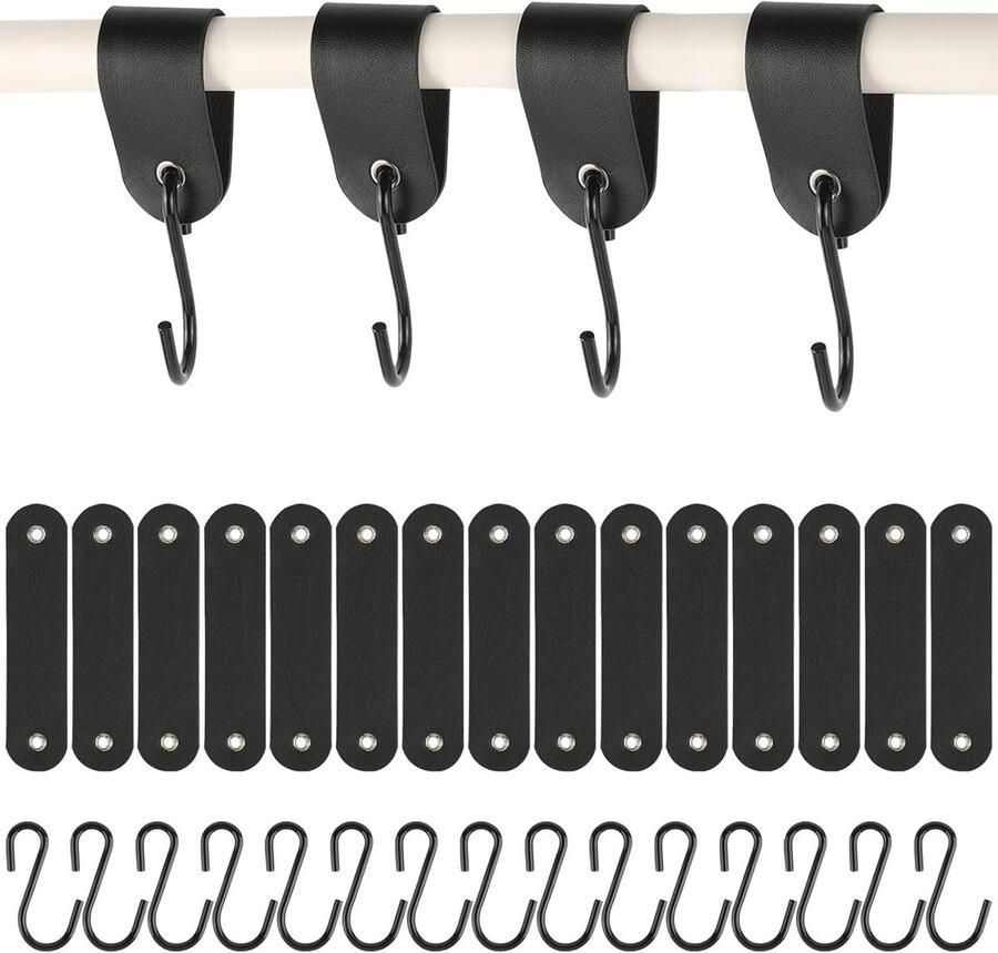 Allecto Plus 15-delige set S-haken van roestvrijstaal met leren lussen voor ophangen van kleding Ideaal voor garderobe en camping