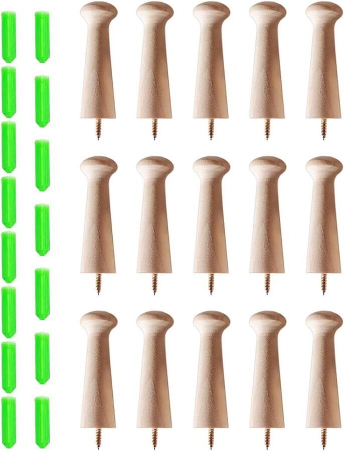 Allecto Plus 15 Haakjes en Expansiebuizen voor Planten en Kleding Set van Houten Spiraalhaken met Spijkers Wandhaken voor Ophangen van Kleding en Planten in Houten Wandgarderobes