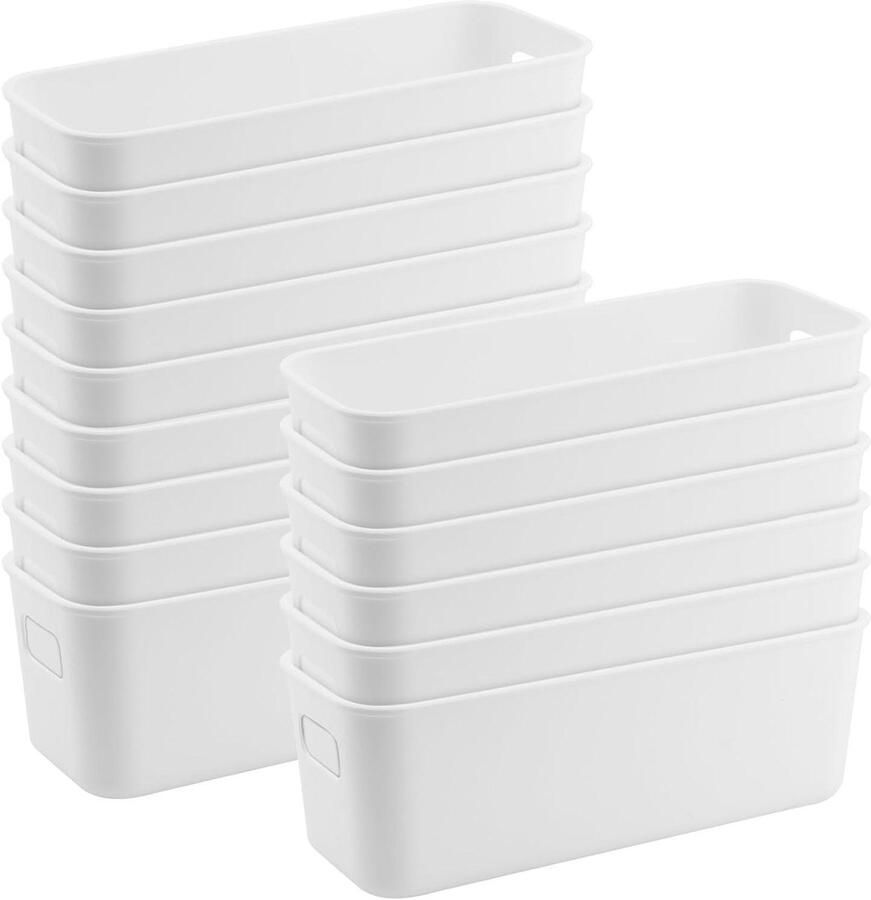 Allecto Plus 15 stuks opbergdozen wit plastic met handgrepen voor keukenorganisatie opbergsysteem voor planken en lades 28 x 10 x 9 5 cm