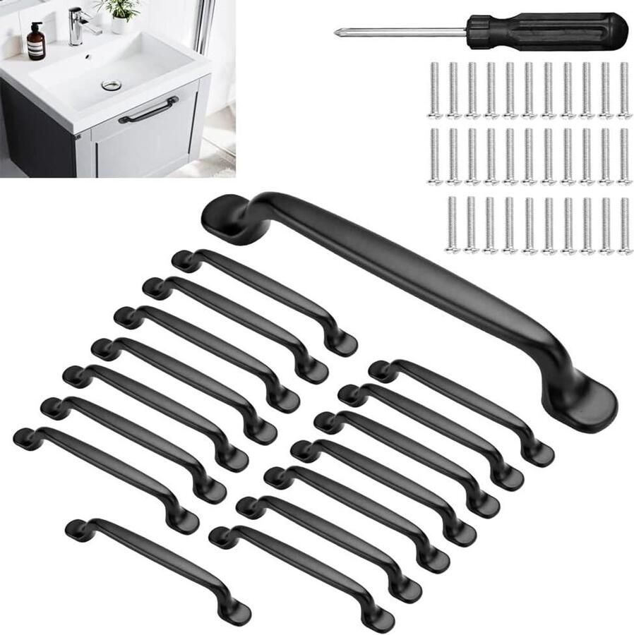 Allecto Plus 16 stuks kastgrepen zwart 128 mm Handgrepen voor kledingkast en deuren met schroevendraaier Aluminiumlegering