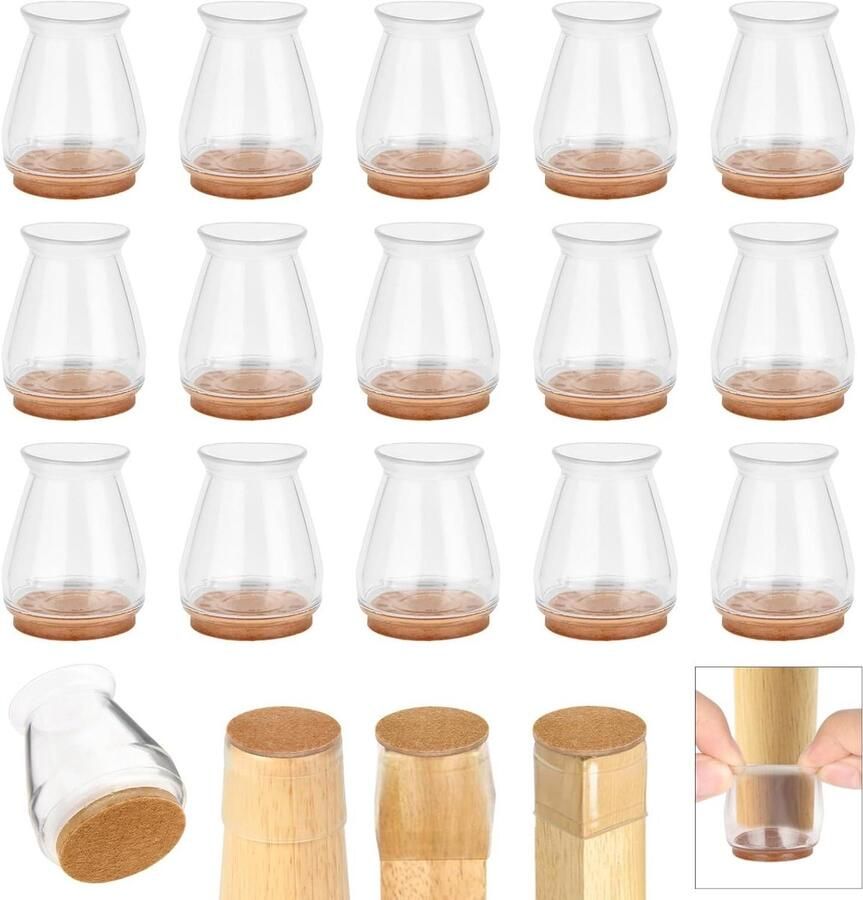 Allecto Plus 16 stuks siliconen stoelpootbeschermers voor hardhouten vloeren Bescherming tegen krassen en lawaai Meubelbeenbeschermers met vilt Ronde en elastische stoelpootdoppen Klein Set van 16