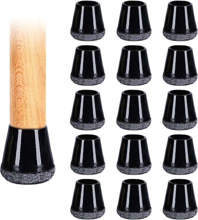 Allecto Plus 16 stuks Stoelpoot doppen van silicone Stoelpoot beschermers met vilten kussens Ronde stoelbeschermers tegen krassen op de vloer en geluidsdempend Zwart (15-18mm)