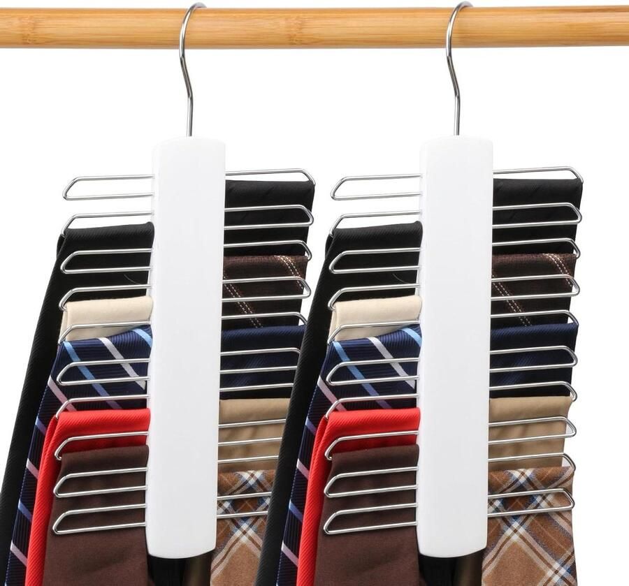 Allecto Plus 2-delige draaibare houten stropdashanger met 20 metalen scheidingswanden. Voor riemen sjaals en meer