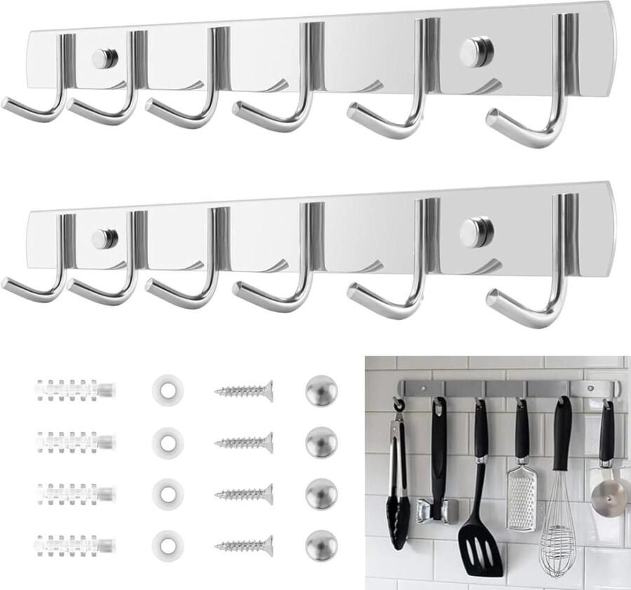 Allecto Plus 2-delige hakenlijst van roestvrij staal met 6 haken 32 cm garderobehaken voor badkamer keuken slaapkamer kledingkast hakenlijst muurhaakjes