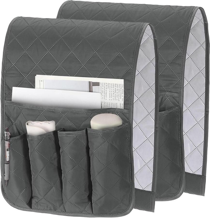Allecto Plus 2-delige organizer voor ligstoel en bank Grijze armleuning caddy met 5 vakken Perfect voor afstandsbedieningen tijdschriften en meer 88 9 x 33 cm