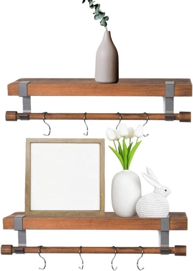 Allecto Plus 2 Delige Set Wandgemonteerde Planken Rustieke Houten Drijvende Plank met Verwijderbare Haken voor Slaapkamer en Woonkamer Home Decor