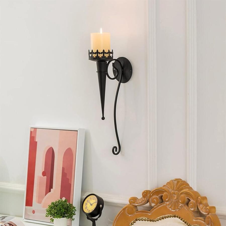 Allecto Plus 2-Delige Zwarte Wandkandelaars voor Thuis Woonkamer Decoratie Hangende Wandkandelaarstandaard Wandgemonteerde Pijlerkandelaar