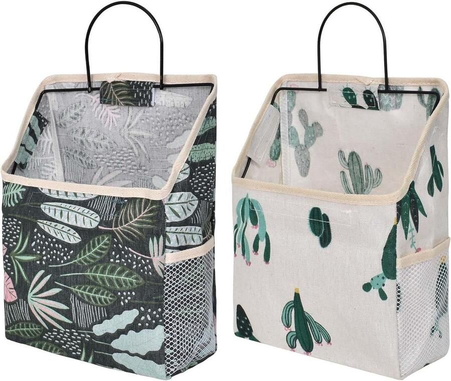 Allecto plus 2 hangtassen met cactus en plantenpatroon wandopbergtas van stof en metaal voor entree garderobe kast keuken camper set van 2 stuks