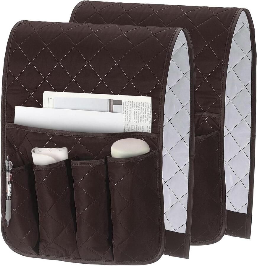 Allecto plus 2 stuks bruine bankarmleuning organizer met 5 vakken geschikt voor bank nachtkastje en meer houder voor afstandsbedieningen tijdschriften bril en telefoonboeken 88 9 x 33 cm