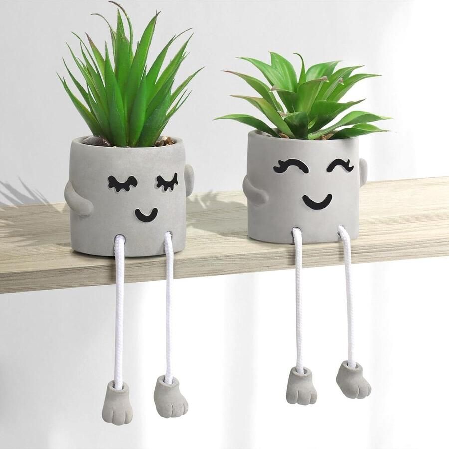 Allecto Plus 2 stuks decoratieve nepplanten in cement ingeplante potten voor huis en kantoor Kunstplanten interieurdecoratie voor thuis bureau woonkamer tafel of planken