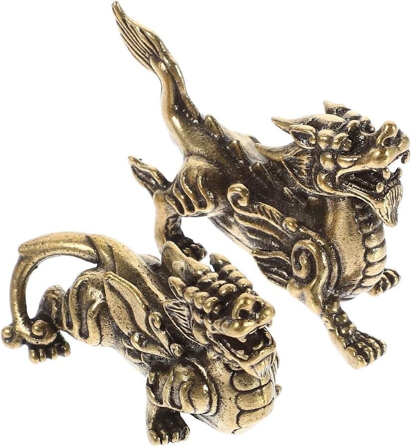 Allecto Plus 2 stuks Feng Shui Ornamenten Gouden Draak en Kylin Standbeeld Verjaardagsdecoraties Bronskleurig Klein Bureau Decor