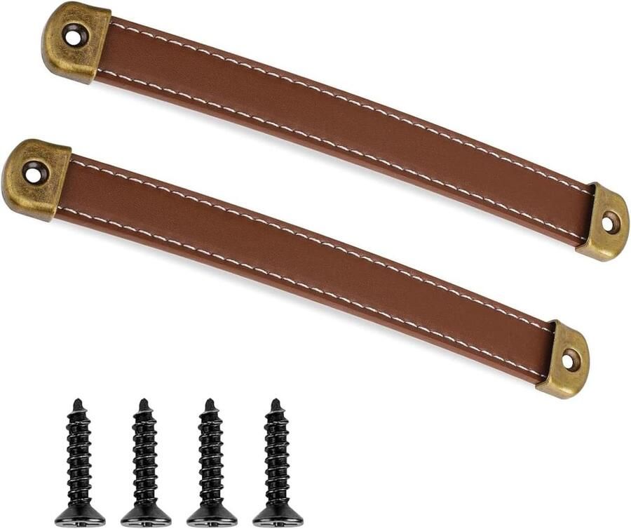 Allecto Plus 2 stuks lederen kasthandvatten met montageschroeven vintage design Bruine ladehandvatten Lederen kofferhandvatten met riemlook