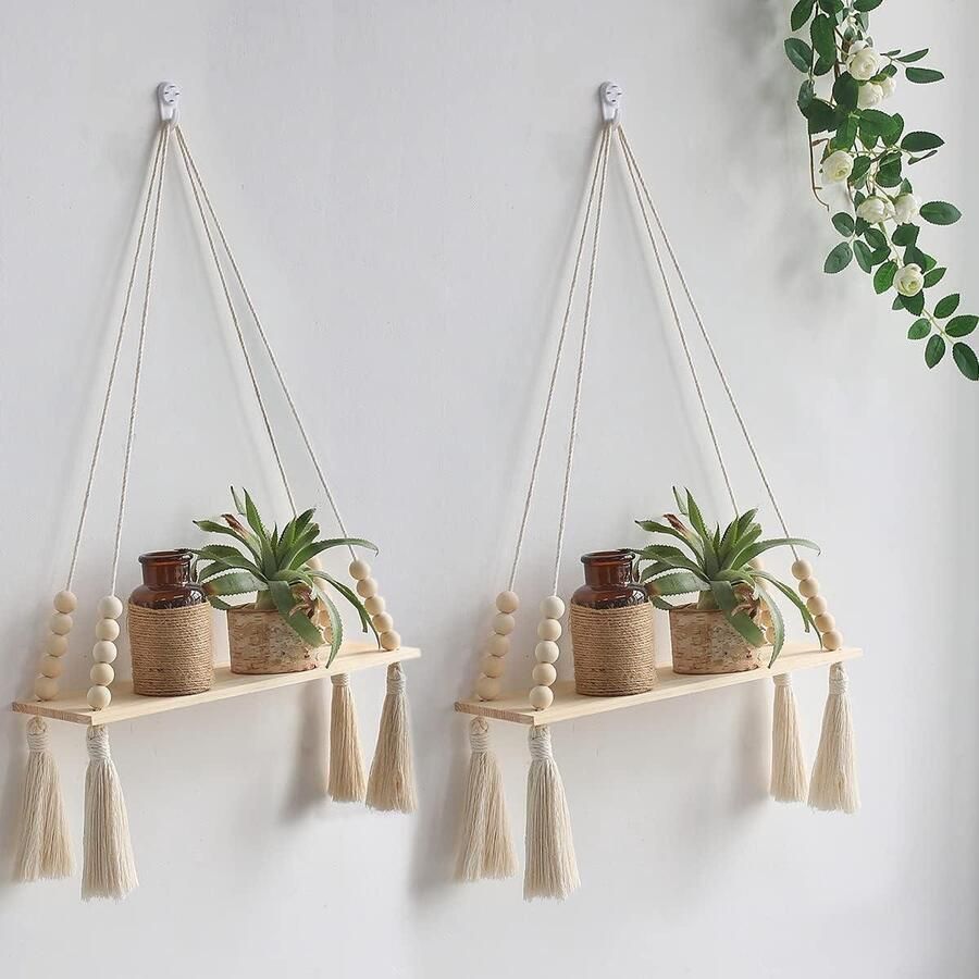 Allecto Plus 2 Stuks Macrame Opknoping Planken met Houten Kraal Kwastje Rustieke Drijvende Opslag Boho Esthetische Wandmontage Slaapkamer Kwekerij Display Rekken Hangende Decoratie met Planten Natuurlijke Woonkamer Decor 80 cm Lang