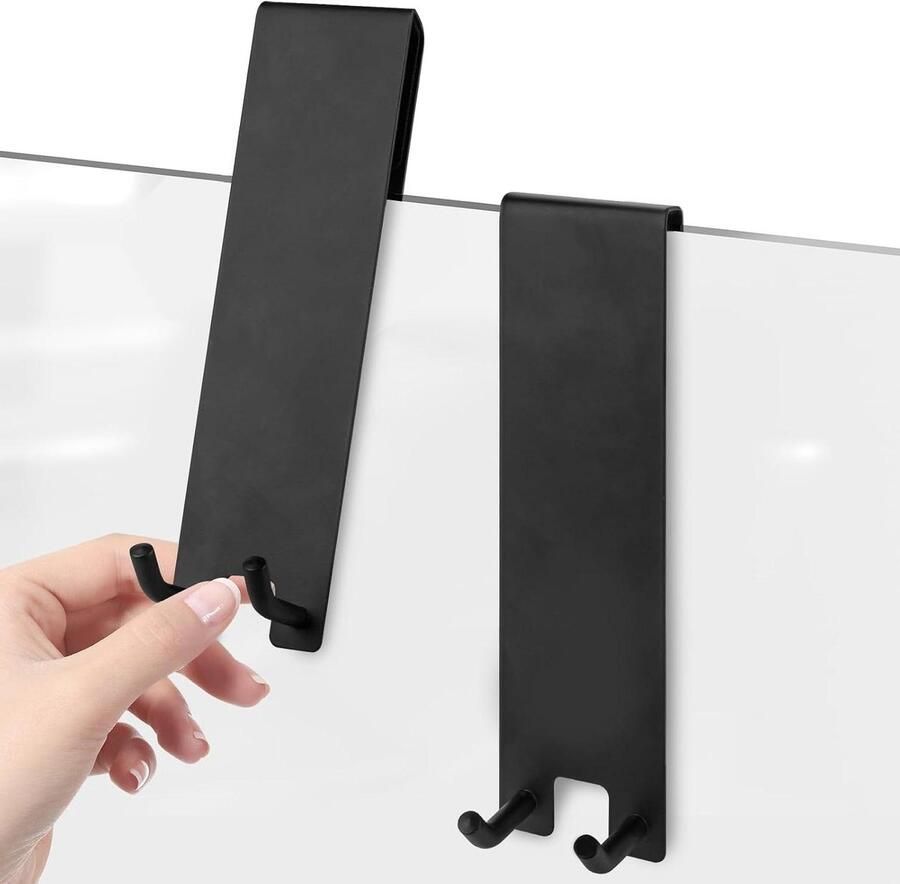 Allecto Plus Set van 2 roestvrijstalen uitschuifbare deurhaken voor badkamer zwart 178 cm antislip sponskussen frameloze glazen deuren