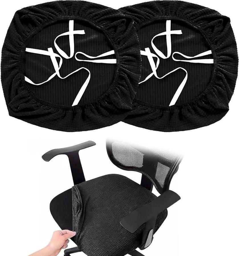 Allecto Plus 2 stuks zwarte wasbare stretch stoelhoezen voor bureaustoel met armleuningen Comfortabele zitervaring Elastische draaistoelhoezenset