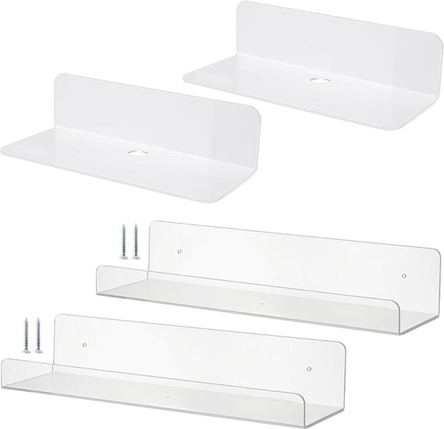 Allecto Plus 2 witte en 2 transparante wandhouders voor kunststof planken set van 4 stuks