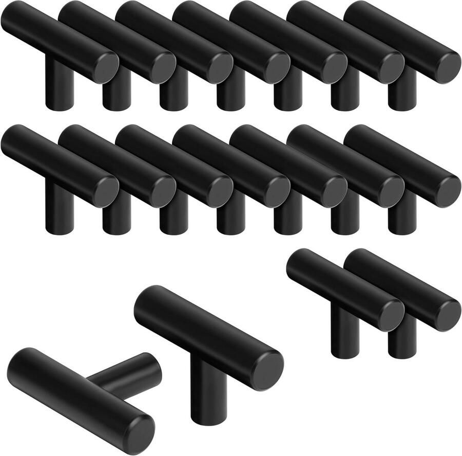 Allecto Plus 20-delige Set Zwarte Roestvrijstalen Keukenkast Handvatten 50 mm T Balk Knoppen Voor Lades Kasten Deuren Meubels Slaapkamer Kledingkasten