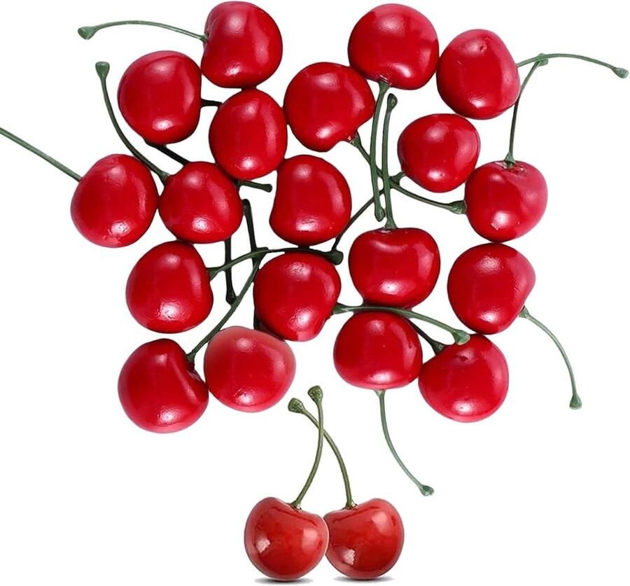 Allecto Plus 20 Kunstmatige Kersen Decoratie Set Realistische Nepfruit Model Rode Kersen voor Thuis Keuken en Feest Bureau Decoratie - Foto 2