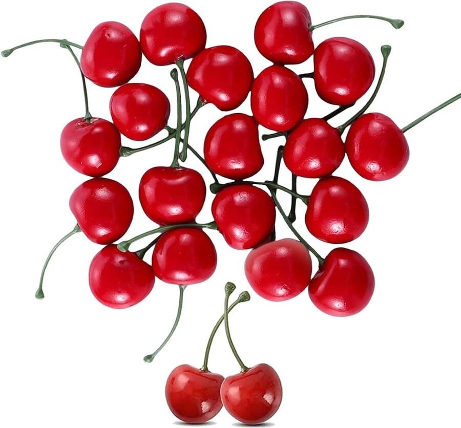 Allecto Plus 20 Kunstmatige Kersen Decoratie Set Realistische Nepfruit Model Rode Kersen voor Thuis Keuken en Feest Bureau Decoratie