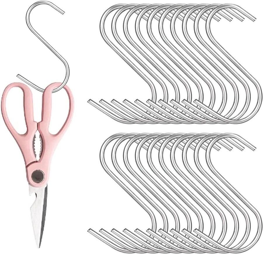 Allecto Plus 20 stuks Roestvrijstalen S-haken voor badkamer keuken en garderobe Handige metalen S-vormige haken voor het ophangen van zware voorwerpen Multifunctionele S-haken voor opslag 90 karakters