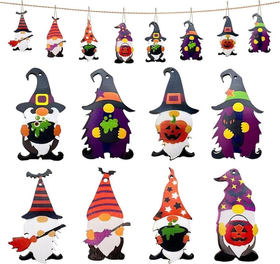 Allecto plus 24-delige houten kabouters voor Halloween en herfstdecoratie Hangende doe-het-zelf dwergen voor Halloween Boom raam tafel muur accessoires Feestelijke decoratie