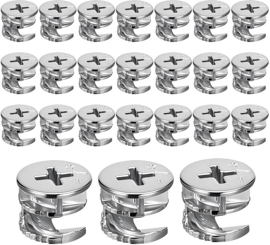 Allecto Plus 24 stuks meubelverbinders 15 mm zinklegering nokkensluitmoer voor kast lade commode en kledingkast meubelplaatverbinding
