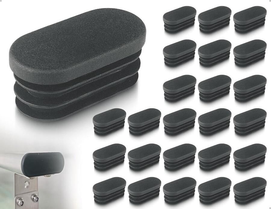 Allecto plus 24 stuks stoelpootdoppen voor tuinstoelen kunststof meubelbescherming glijderstop zwart ovaal 20 x 40 mm