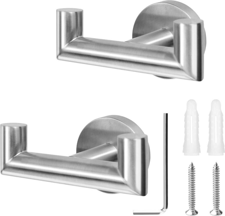Allecto Plus 2x Handdoek Haak voor Badkamer RVS Kapstok Haak Deurhanger Badjas Zilverkleurig met Schroef SUS 304 Roestvrij Staal