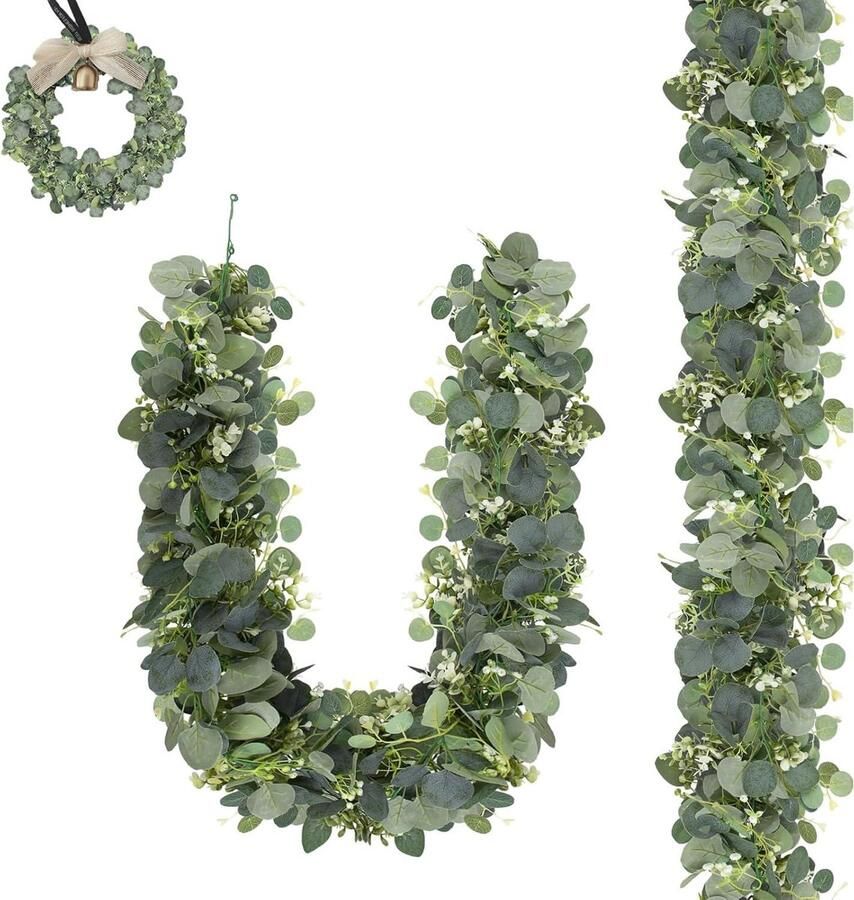 Allecto Plus 2x Kunstslingers Eucalyptus 18m Groene Bladeren Decoratie Witte Bloemen Bruiloft Feest Eettafel Decor Schoorsteenmantel Trappen Stijlvolle Sfeercreatie