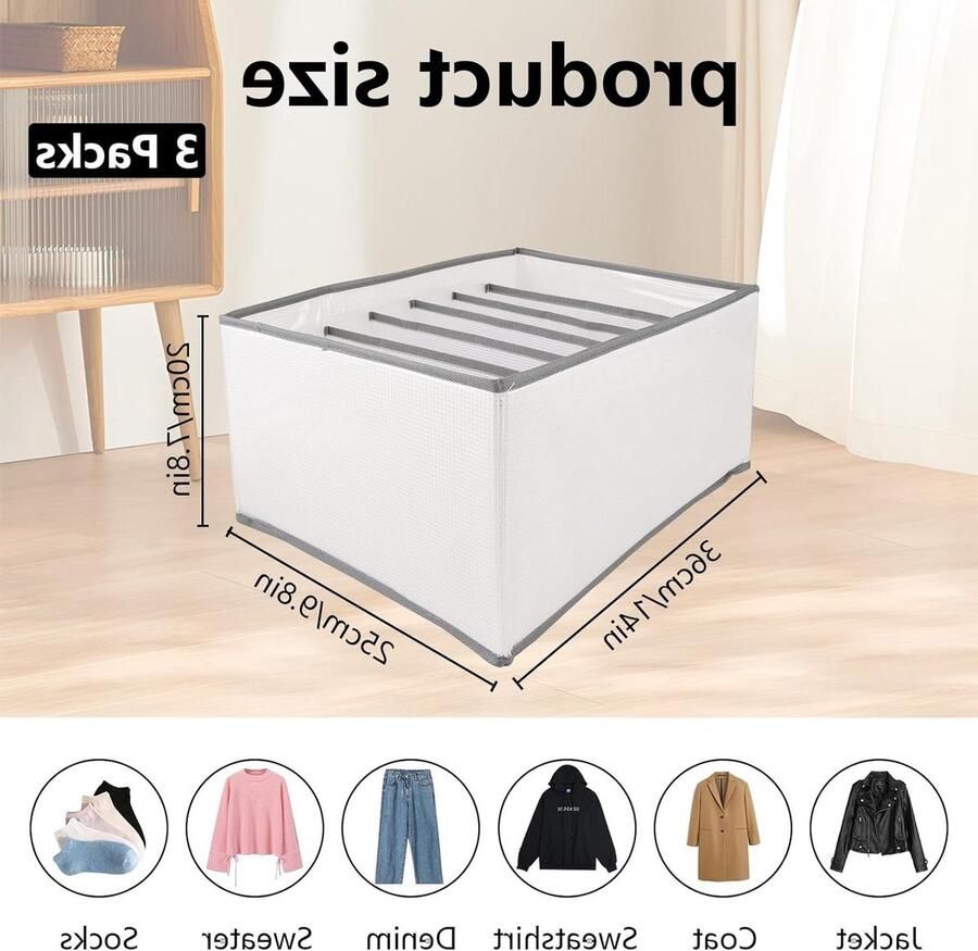 Allecto Plus 3-delige Kledingkast-Organizer 20 x 25 x 36 cm Grijs Opbergsysteem met 7 Vakken Opvouwbare Opbergdoos voor Kleding Broeken Overhemden Truien