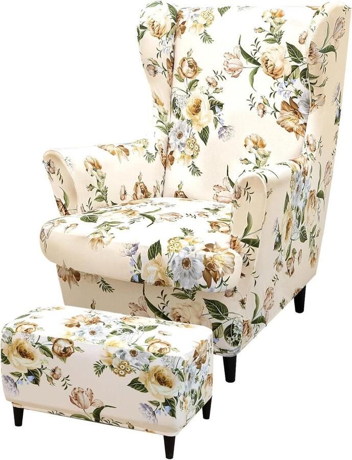 Allecto Plus 3-delige oorfauteuilhoes met voetenbankhoes Stretch stoelovertrek Elastische stoelhoes Universeel Hoge rugleuning Gele bloemen