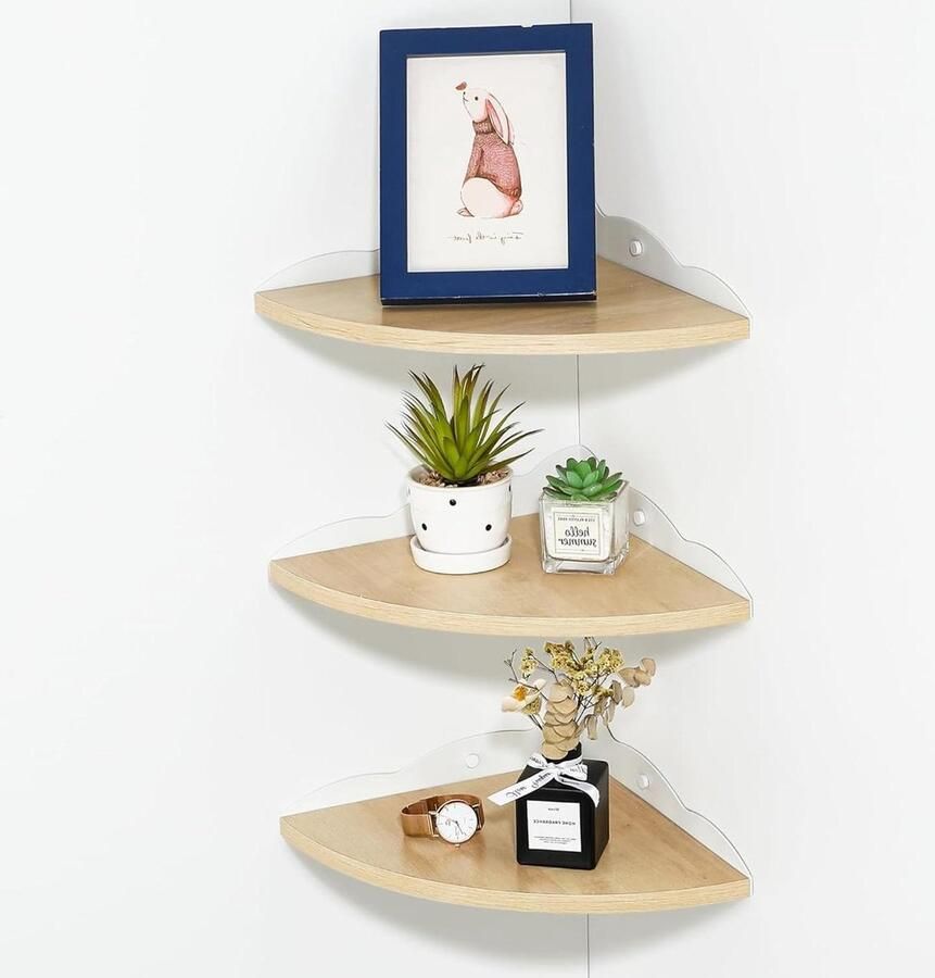 Allecto Plus 3-delige Set Hoekplanken Met Opknoping Wandplank van Hout Rustieke Hoek Planken voor Muur Boekenkast Decoratieve Hoekplanken